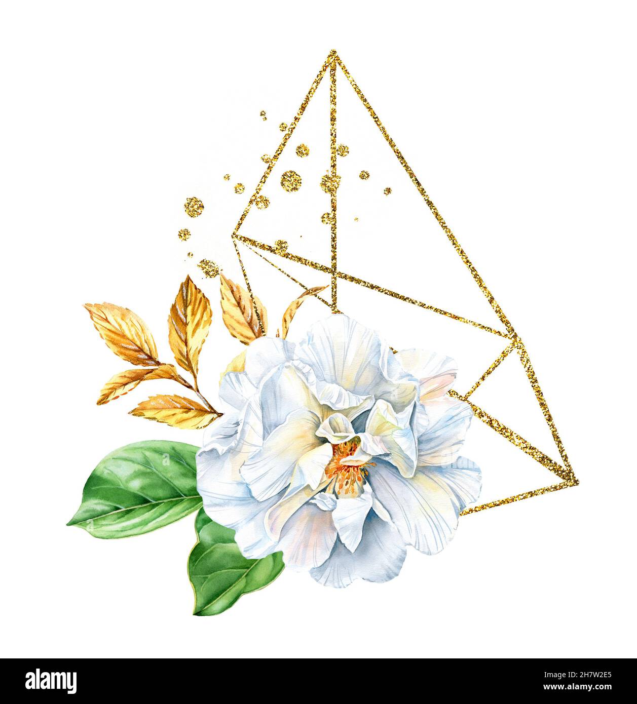 Wasserfarbenes Rosenstrauß mit goldenem Glitzerrahmen. Realistische Anordnung mit weißer Bräunungsblume, grüner und Glitter-Folie. Botanisch geblümt Stockfoto