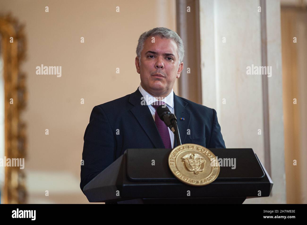 Der kolumbianische Präsident Ivan Duque spricht während des Besuchs des Generalsekretärs der Vereinten Nationen Antonio Guterres für den 5 Stockfoto