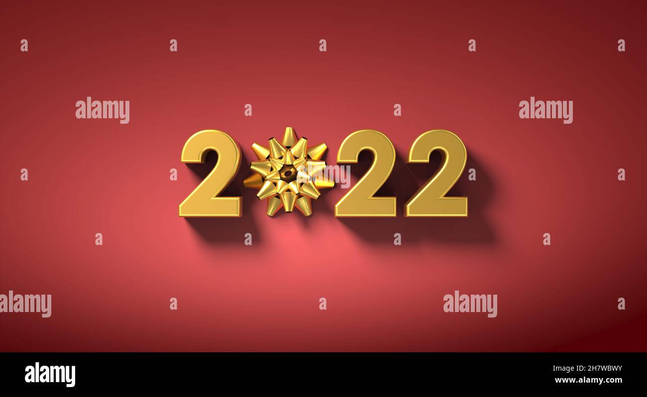 2022 Text mit Geschenk auf rotem Hintergrund - 3D Rendering Stockfoto