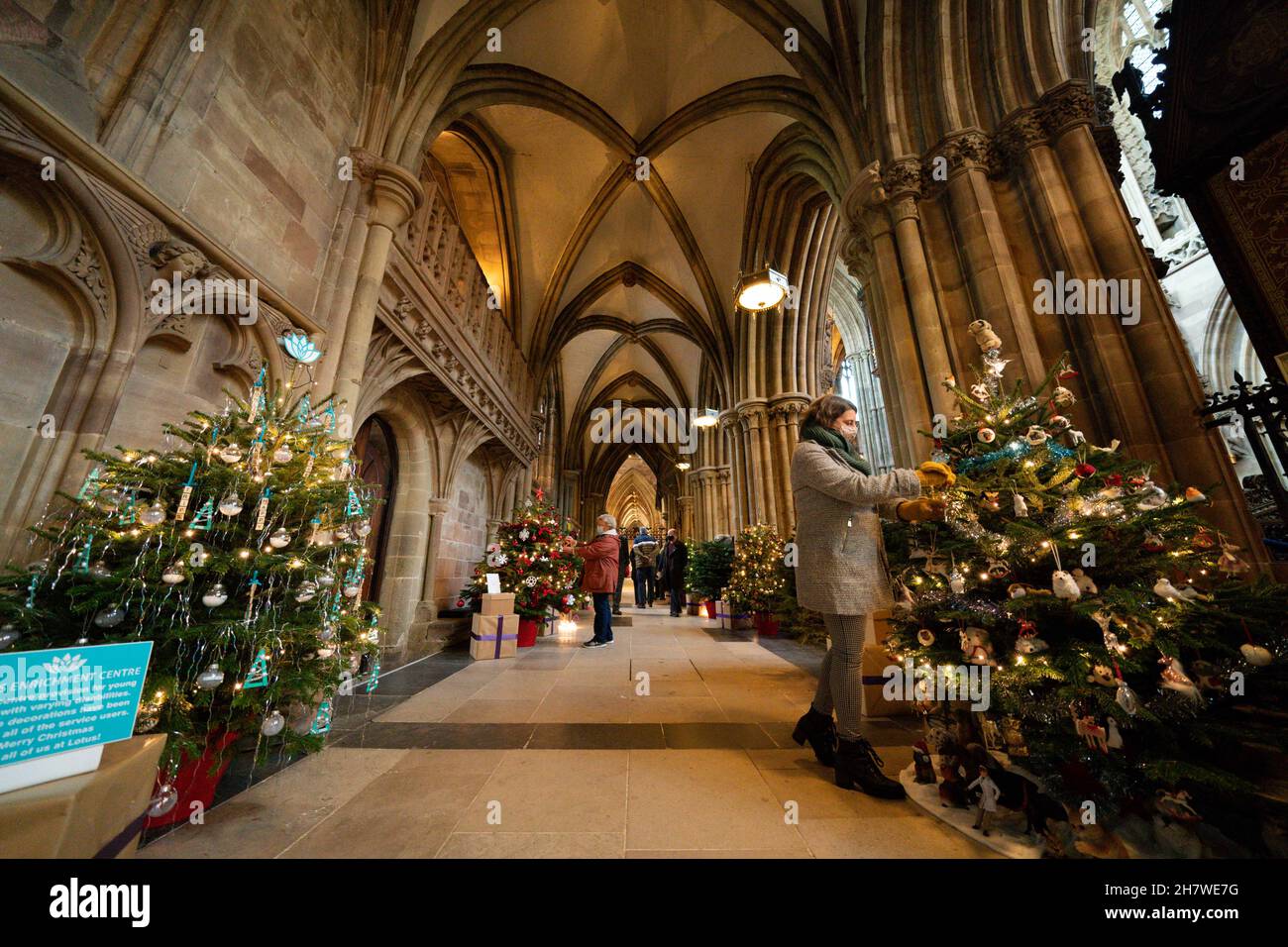 Vor der Eröffnung des renommierten Weihnachtsbaumfestivals in der Lichfield Cathedral in Staffordshire werden die letzten Feinheiten vorgenommen. Die Kathedrale wird mit 45 Weihnachtsbäumen geschmückt, von Wohltätigkeitsorganisationen, Gemeindeorganisationen, Schulen und Unternehmen geschmückt und gesponsert und wird an diesem Wochenende eröffnet. Bilddatum: Donnerstag, 25. November 2021. Stockfoto