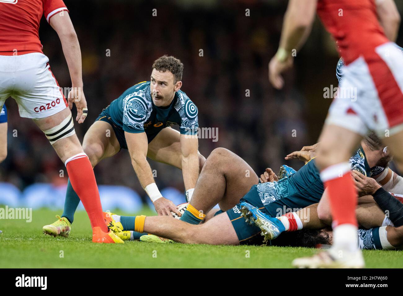 Nic White, die australische Scrum-Hälfte, sucht von der Basis des Rocks aus nach dem Ziel seines bevorstehenden Passes. Stockfoto