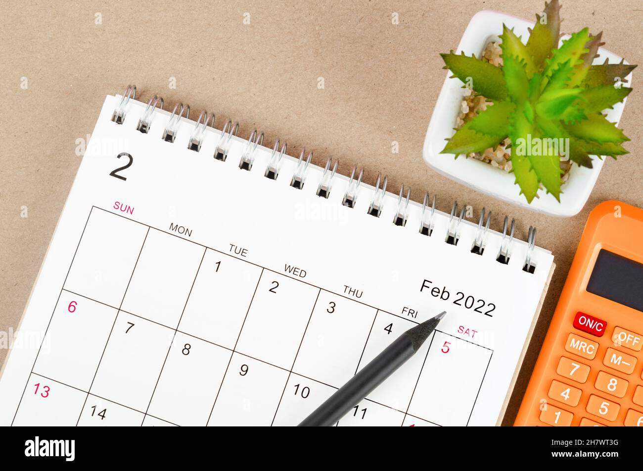 Der Tischkalender für Februar 2022 mit Rechner. Stockfoto