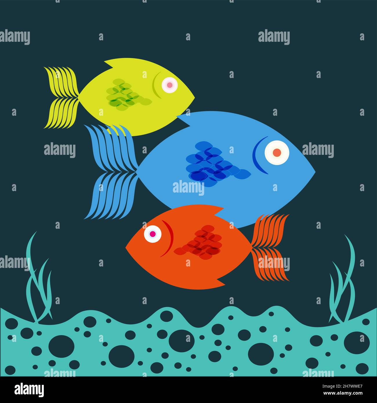 Bunte Fische schwimmen Vektor-Illustration auf einem dunkelblauen Meeresboden Hintergrund. Stock Vektor