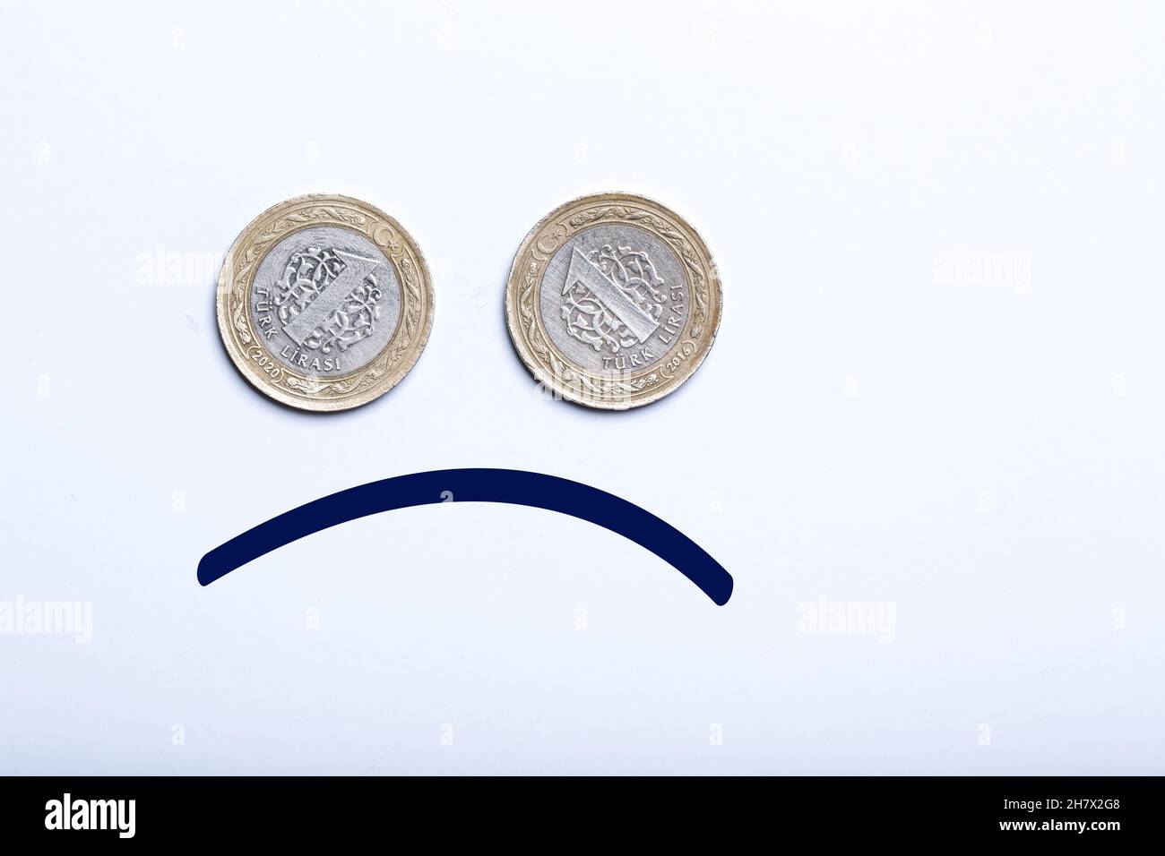 Zwei türkische Lira-Münzen mit trauriger Hand gezogenem Mund. Negatives Konzept für Finanznachrichten. Stockfoto