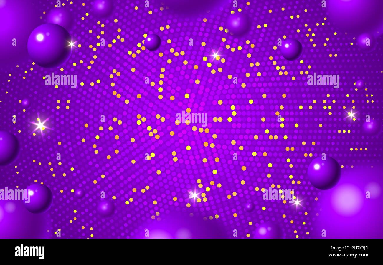 Abstrakter violetter Hintergrund. Lila 3D verschwommene Kugeln Formen sich mit goldenen Glitzerpunkten. Party Time Bright Gold funkelt Lichter Poster Vorlage, Website Webseite Hintergrund, Flyer Banner, Grußkarte Stock Vektor
