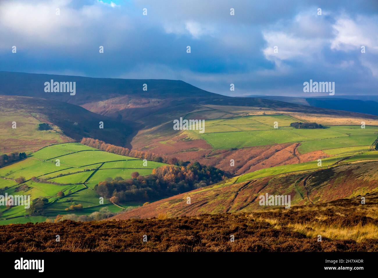 Blick von den Hängen des Win Hill im Peak District National Park Derbyshire England nach Edale Stockfoto