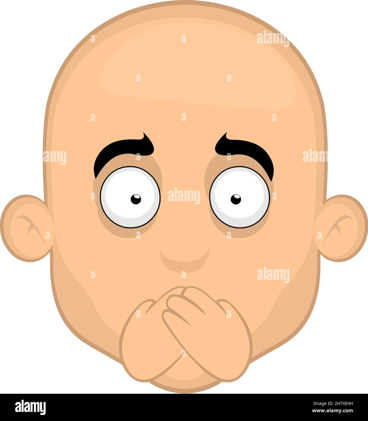 Vector Emoticon Illustration des Gesichts eines Cartoon Glatze Mann bedeckt seinen Mund mit seinen Händen in dem Konzept der Stille oder Geheimhaltung Stock Vektor