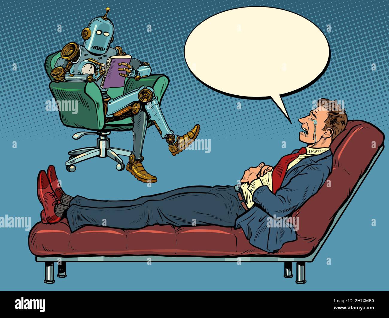 Ein Roboter-Psychotherapeut bei einer Psychotherapiesitzung mit einem Patienten, hört einem Geschäftsmann zu, sitzt auf einem Stuhl und macht Notizen in einem Notizbuch Stock Vektor
