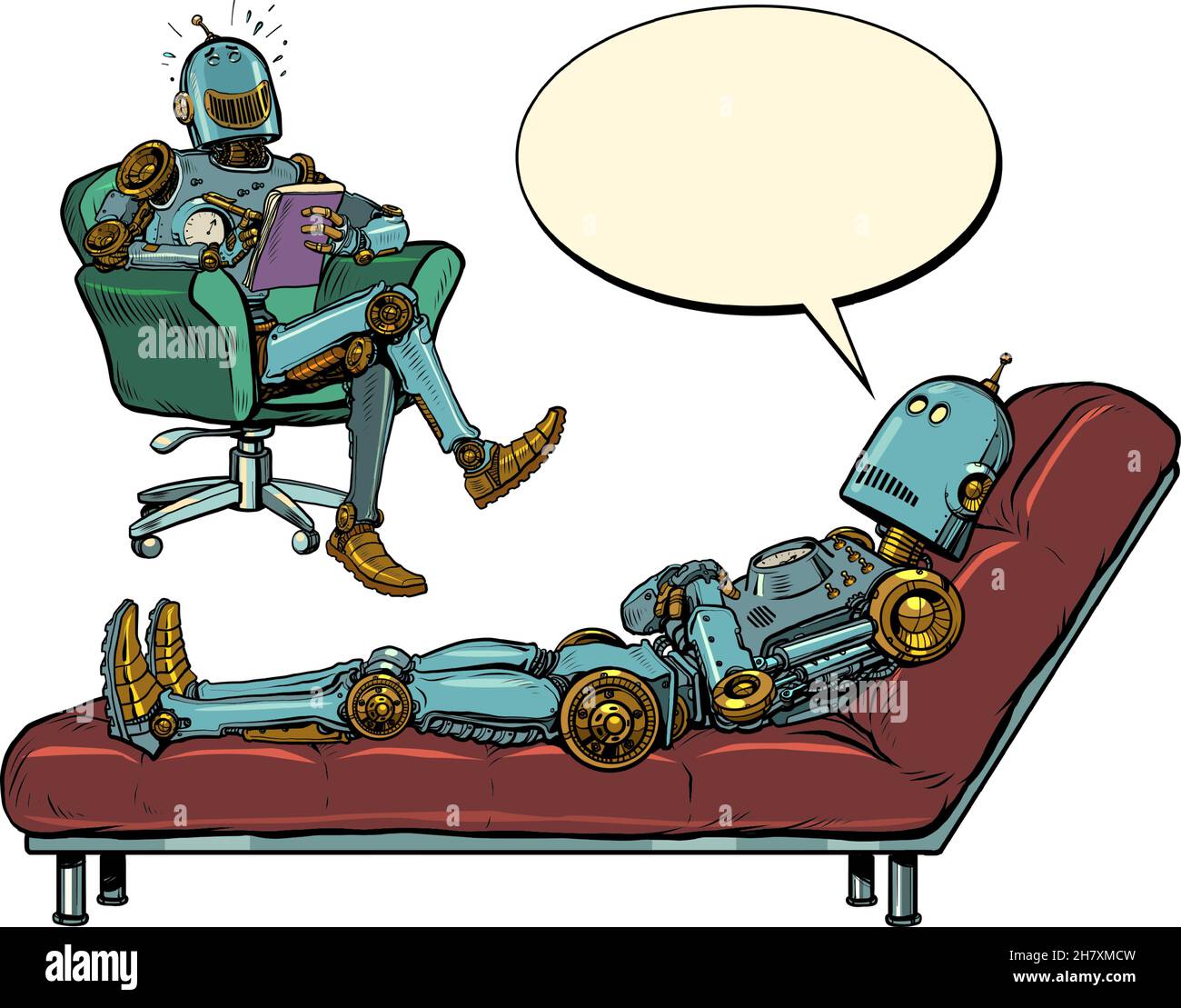 Ein Roboter-Psychotherapeut bei einer Psychotherapiesitzung mit einem Patienten, hört dem Roboter zu, lacht und notiert sich in einem Notizbuch Stock Vektor
