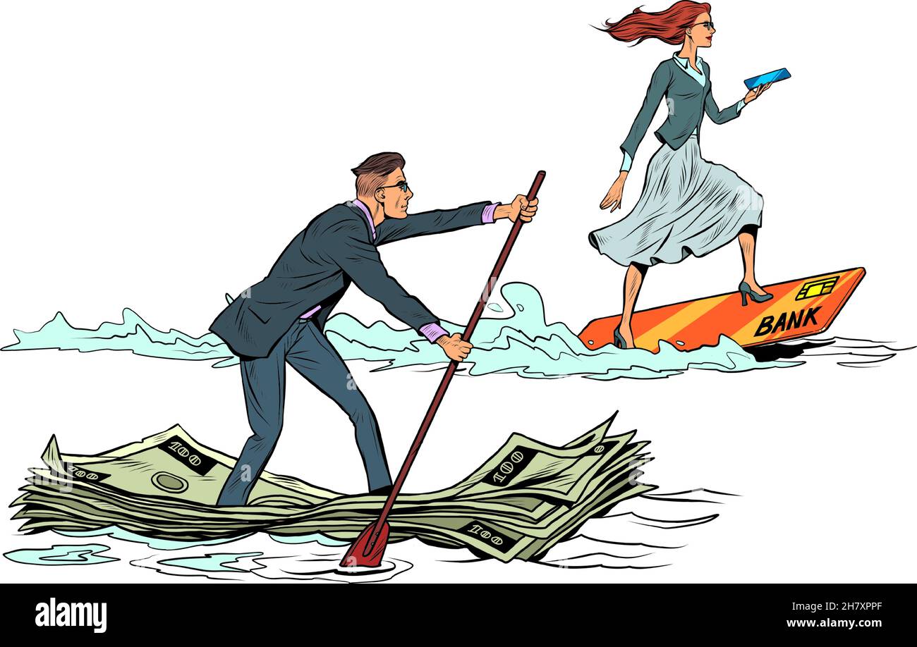 Ein Geschäftsmann und eine Geschäftsfrau segeln. Wettbewerb von Bargeld und elektronischem Geld auf einer Plastikkarte Stock Vektor