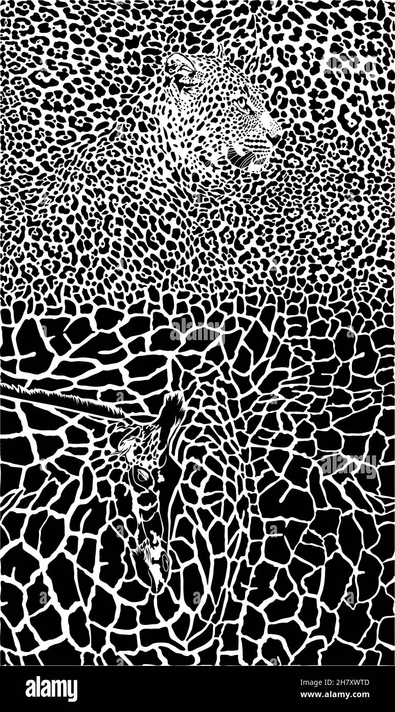 Leopard und Giraffe schwarz-weißer Hintergrund Stock Vektor