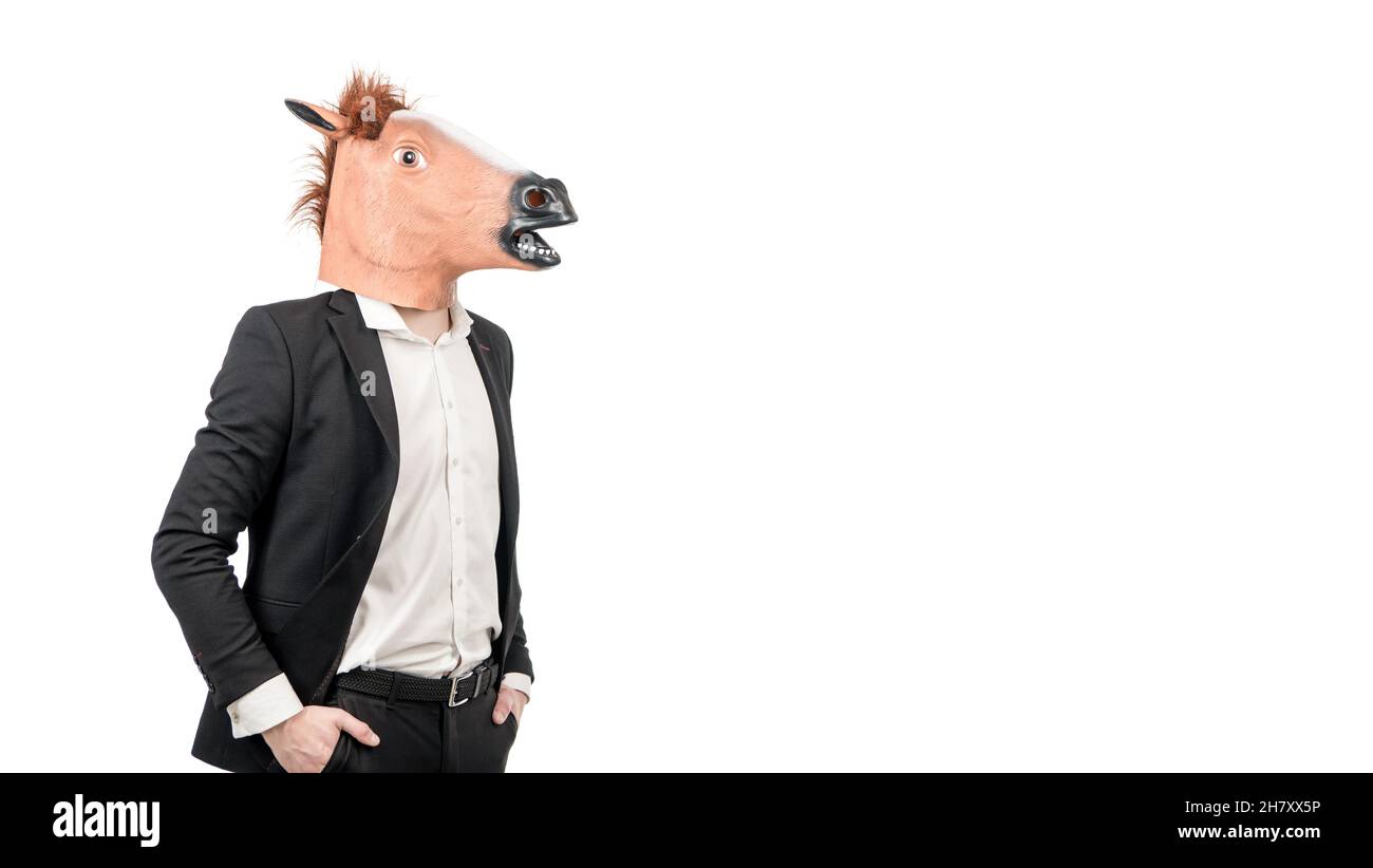 Professioneller, fleißiger Mann trägt Pferdekopf mit formellem Anzug, Arbeitstier Stockfoto