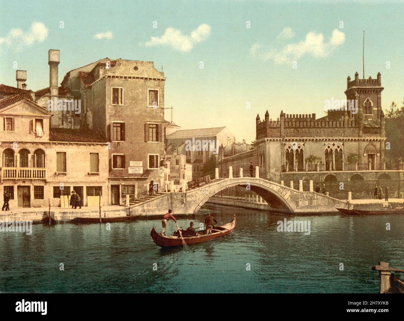 Gondel, Brücke und Kanal, Venedig, Italien, Farbphotochromdruck ca., 1890 bis 1900 Stockfoto