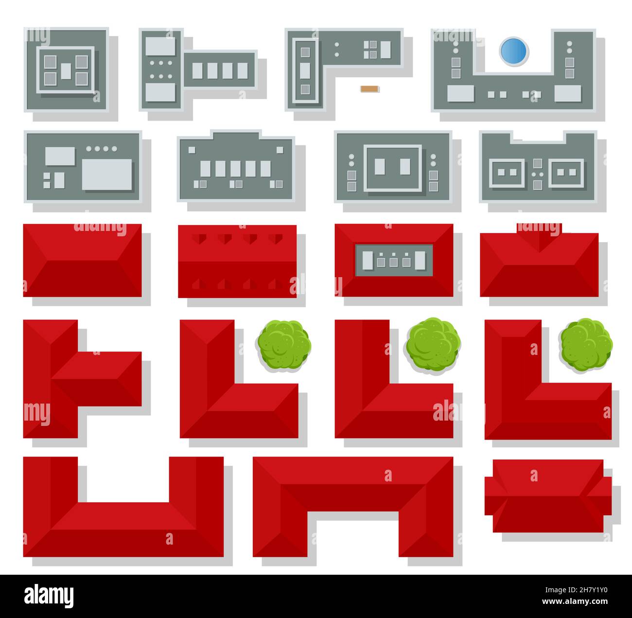 Set von verschiedenen roten und grauen Dächern der Häuser Draufsicht isoliert auf weißem Hintergrund Stock Vektor