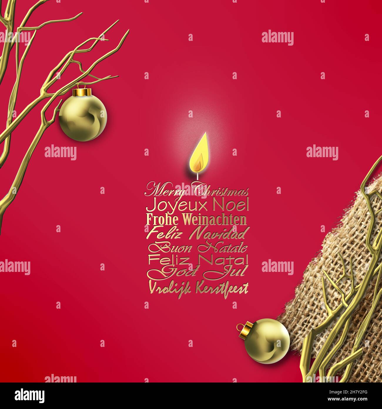 Frohe Weihnachten wünscht Übersetzung in Englisch, Französisch Deutsch  Portugiesisch Italienisch Spanisch Schwedisch auf rotem Hintergrund in Form  von Kerze, abstrakte goldene Baumzweige auf Canva, Weihnachten Goldkugeln.  3Drender Stockfotografie - Alamy