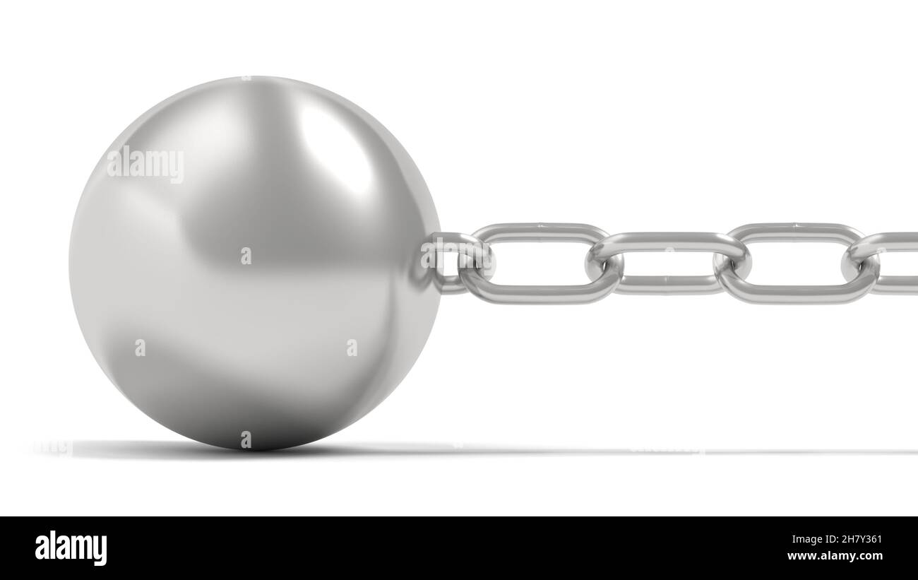Kugel und Kette auf weißem Hintergrund isoliert. 3D Abbildung. Stockfoto