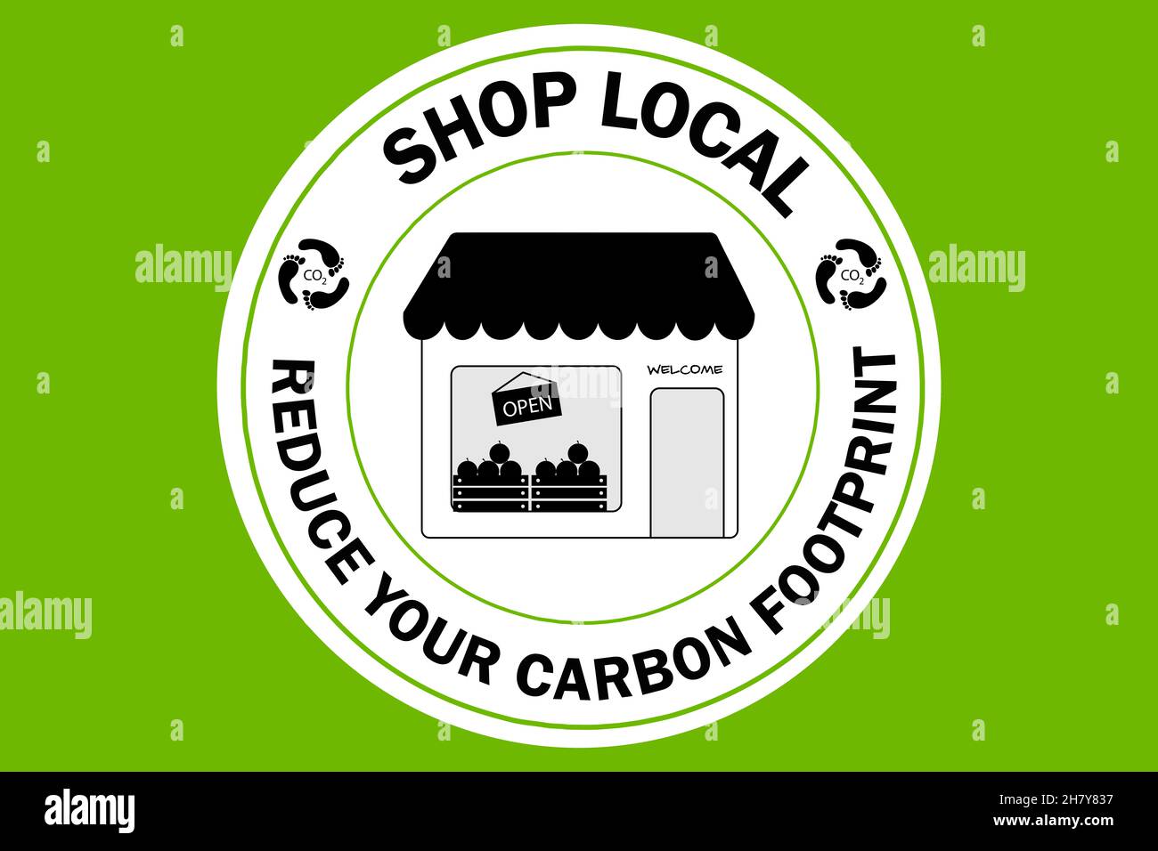 Shop local Reduzieren Sie die CO2-Bilanz, das Logo, den nachhaltigen und ethischen Konsum Stockfoto