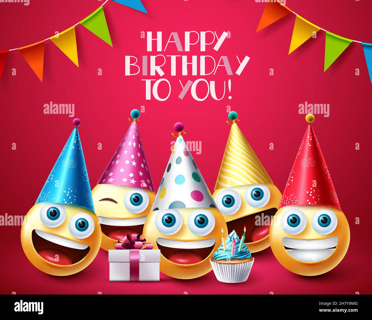 Geburtstag Smileys Gruß VektorDesign. Happy Birthday Text mit Smiley