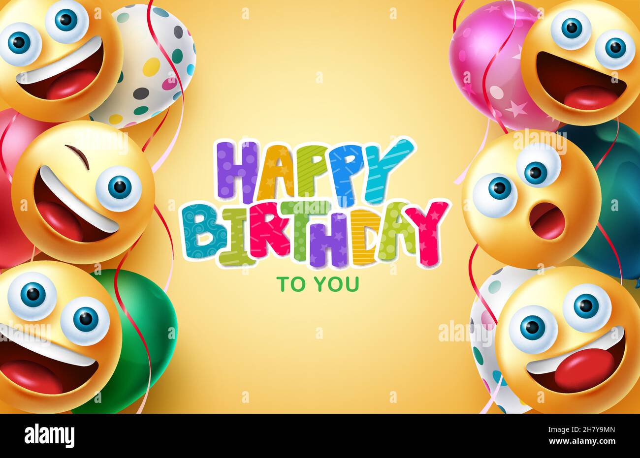 Geburtstag Gruß Vektor Hintergrund Design. Happy Birthday Text mit Smileys und Luftballons schwebenden Dekorationselementen für die Feier des Geburtstages. Stock Vektor
