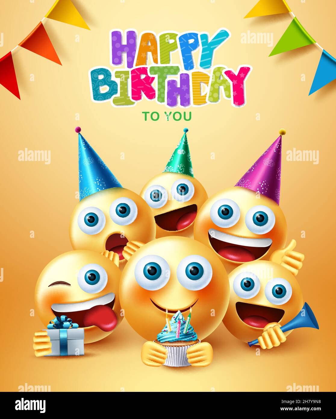 Smileys Geburtstag Gruß Vektor-Design. Happy Birthday Text mit Smiley Emojis in Party-Feier mit 