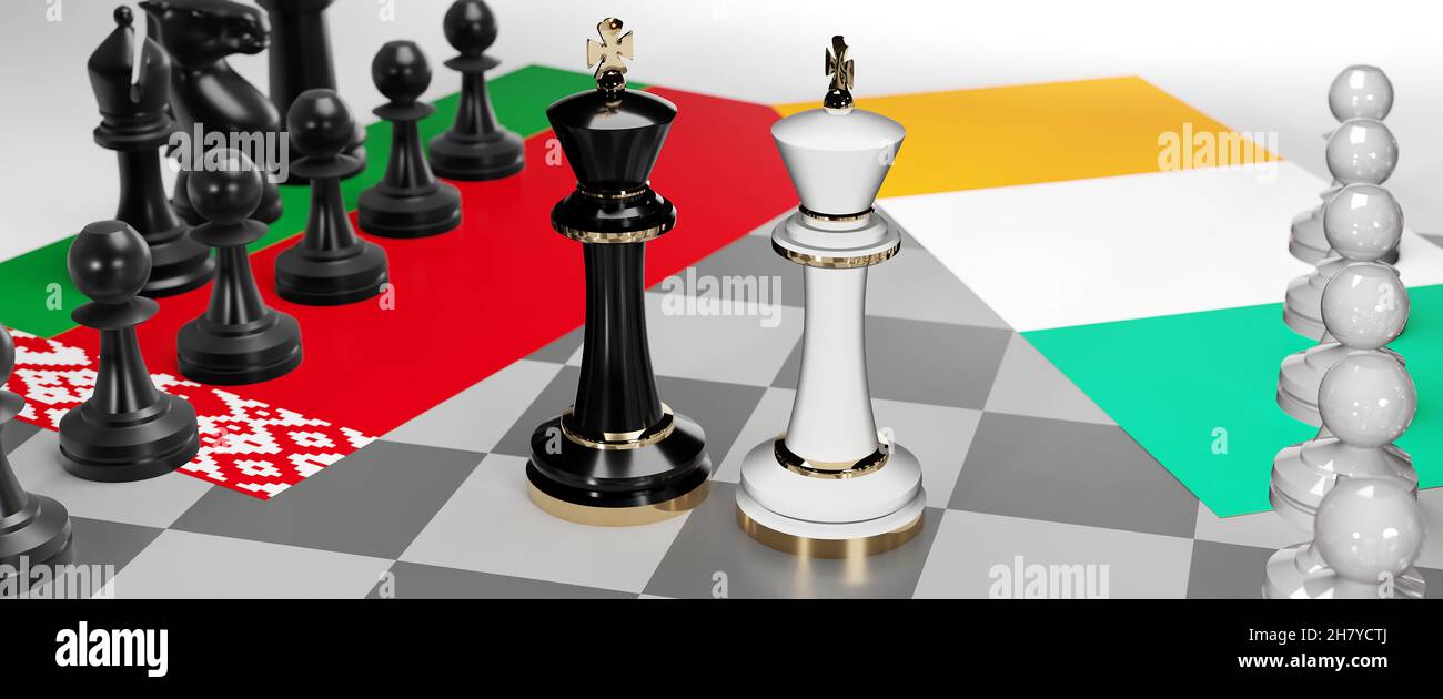 Belarus und Irland - Gespräche, Debatten, Dialoge oder eine Konfrontation zwischen diesen beiden Ländern, die als zwei Schachkönige mit Fahnen dargestellt werden, die die Kunst von M symbolisieren Stockfoto