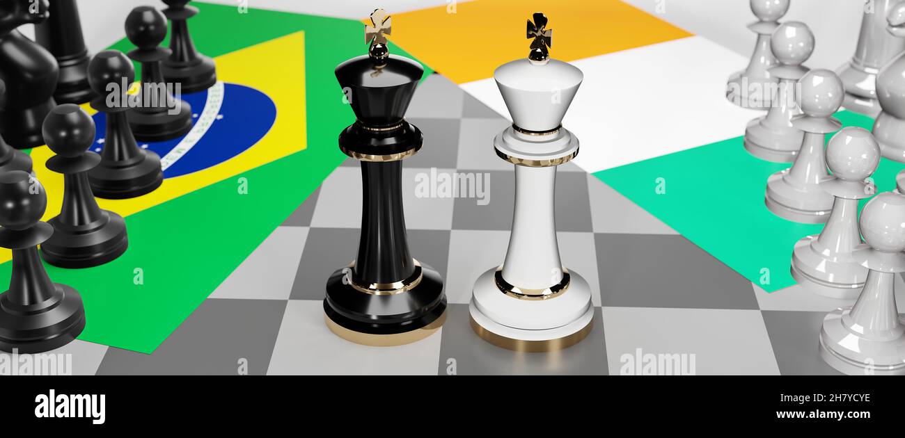 Brasilien und Irland - Gespräche, Diskussionen, Dialoge oder eine Konfrontation zwischen diesen beiden Ländern, die als zwei Schachkönige mit Flaggen dargestellt werden, die Kunst von mir symbolisieren Stockfoto