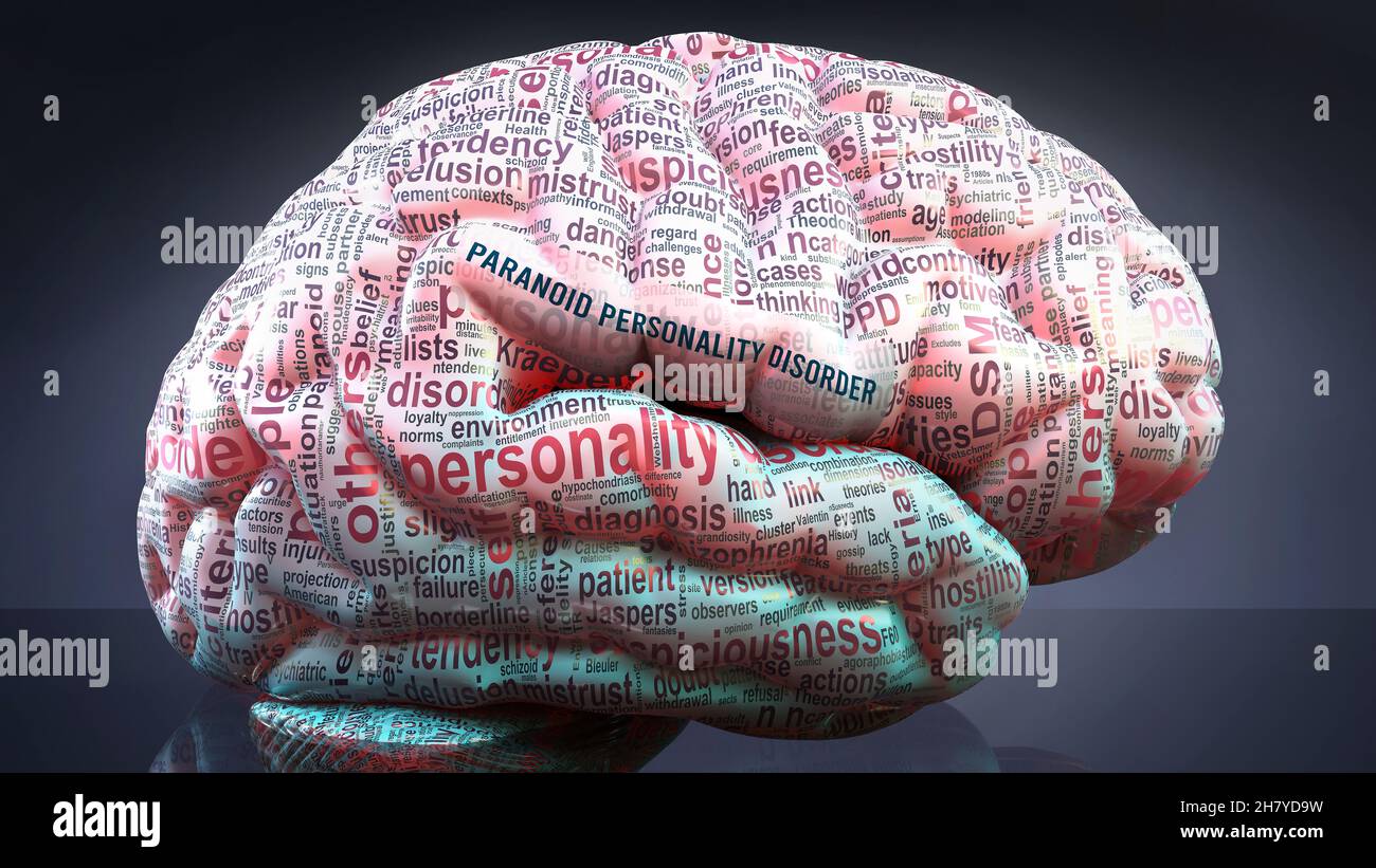 Paranoide Persönlichkeitsstörung im menschlichen Gehirn projizierten Hunderte von Begriffen im Zusammenhang mit paranoider Persönlichkeitsstörung auf einen Kortex, um ein breites Ausmaß zu zeigen Stockfoto