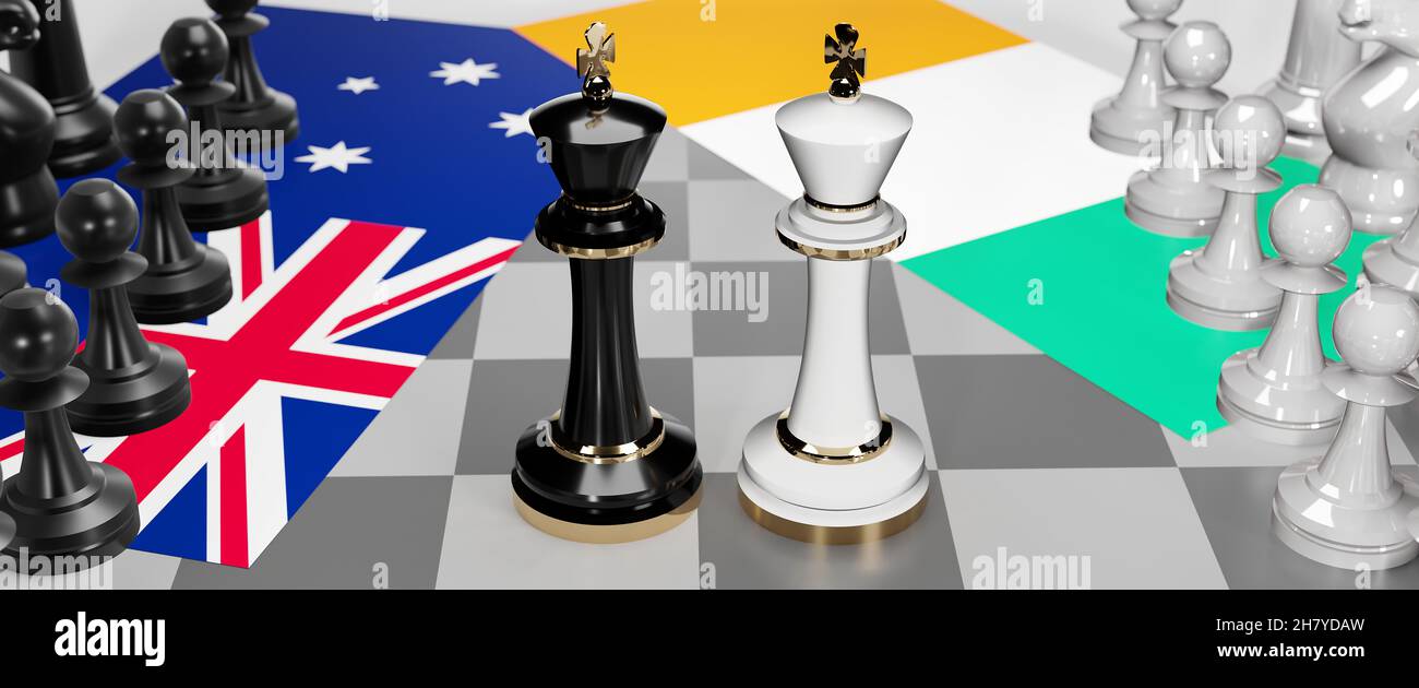 Australien und Irland - Gespräche, Debatten, Dialoge oder eine Konfrontation zwischen diesen beiden Ländern, die als zwei Schachkönige mit Flaggen dargestellt werden, die Kunst symbolisieren Stockfoto