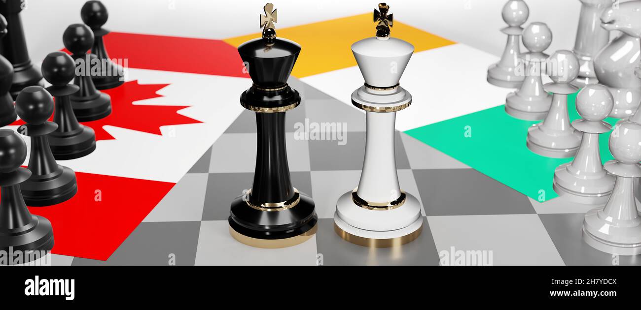 Kanada und Irland - Gespräche, Diskussionen, Dialoge oder eine Konfrontation zwischen diesen beiden Ländern, die als zwei Schachkönige mit Flaggen dargestellt werden, die Kunst von mir symbolisieren Stockfoto
