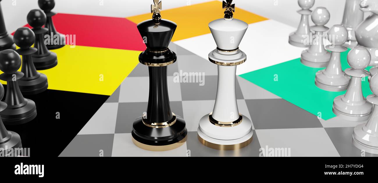 Belgien und Irland - Gespräche, Debatten, Dialoge oder eine Konfrontation zwischen diesen beiden Ländern, die als zwei Schachkönige mit Fahnen dargestellt werden, die die Kunst von M symbolisieren Stockfoto