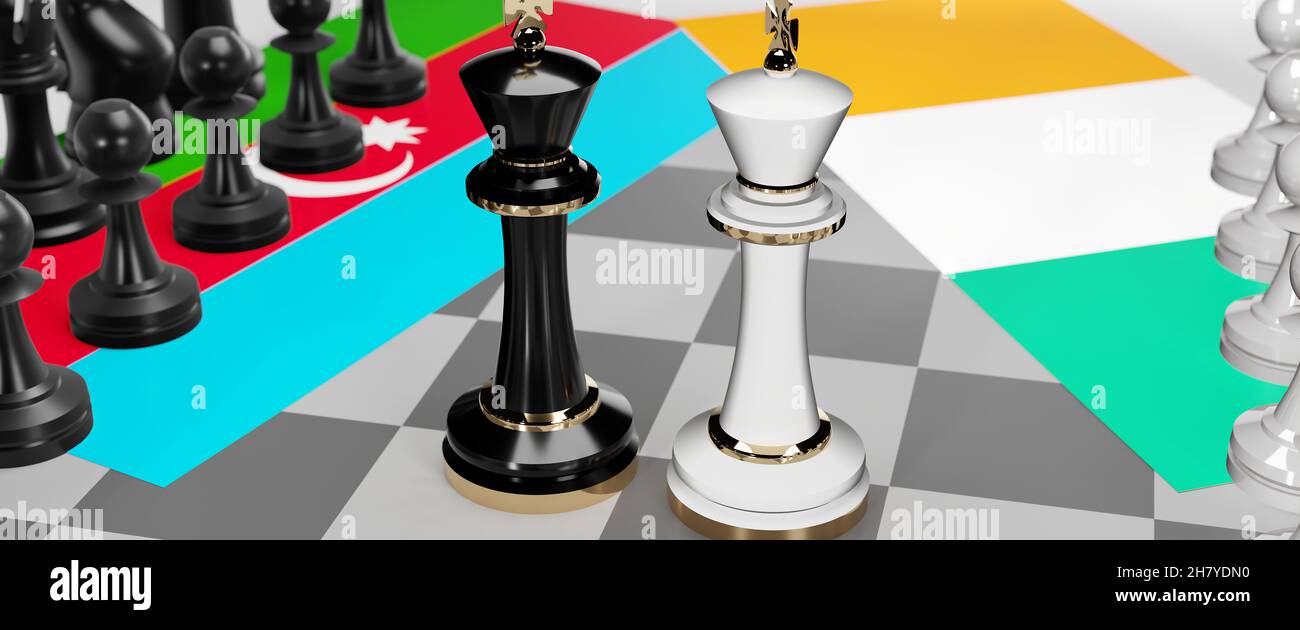 Aserbaidschan und Irland - Gespräche, Debatten, Dialoge oder eine Konfrontation zwischen diesen beiden Ländern, die als zwei Schachkönige mit Fahnen dargestellt werden, die Kunst o symbolisieren Stockfoto