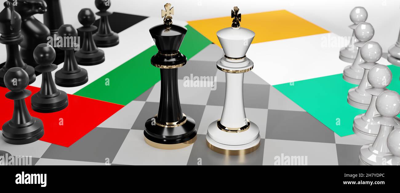 Vereinigte Arabische Emirate und Irland - Gespräche, Debatten oder Dialoge zwischen diesen beiden Ländern, die als zwei Schachkönige mit Nationalflaggen dargestellt werden, die Sub symbolisieren Stockfoto