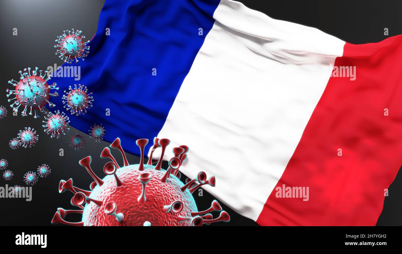 Saint Martin Französisch Teil und die covid Pandemie - Corona-Virus greift seine Nationalflagge zu symbolisieren Kampf mit dem Virus in diesem Land, 3D illus Stockfoto