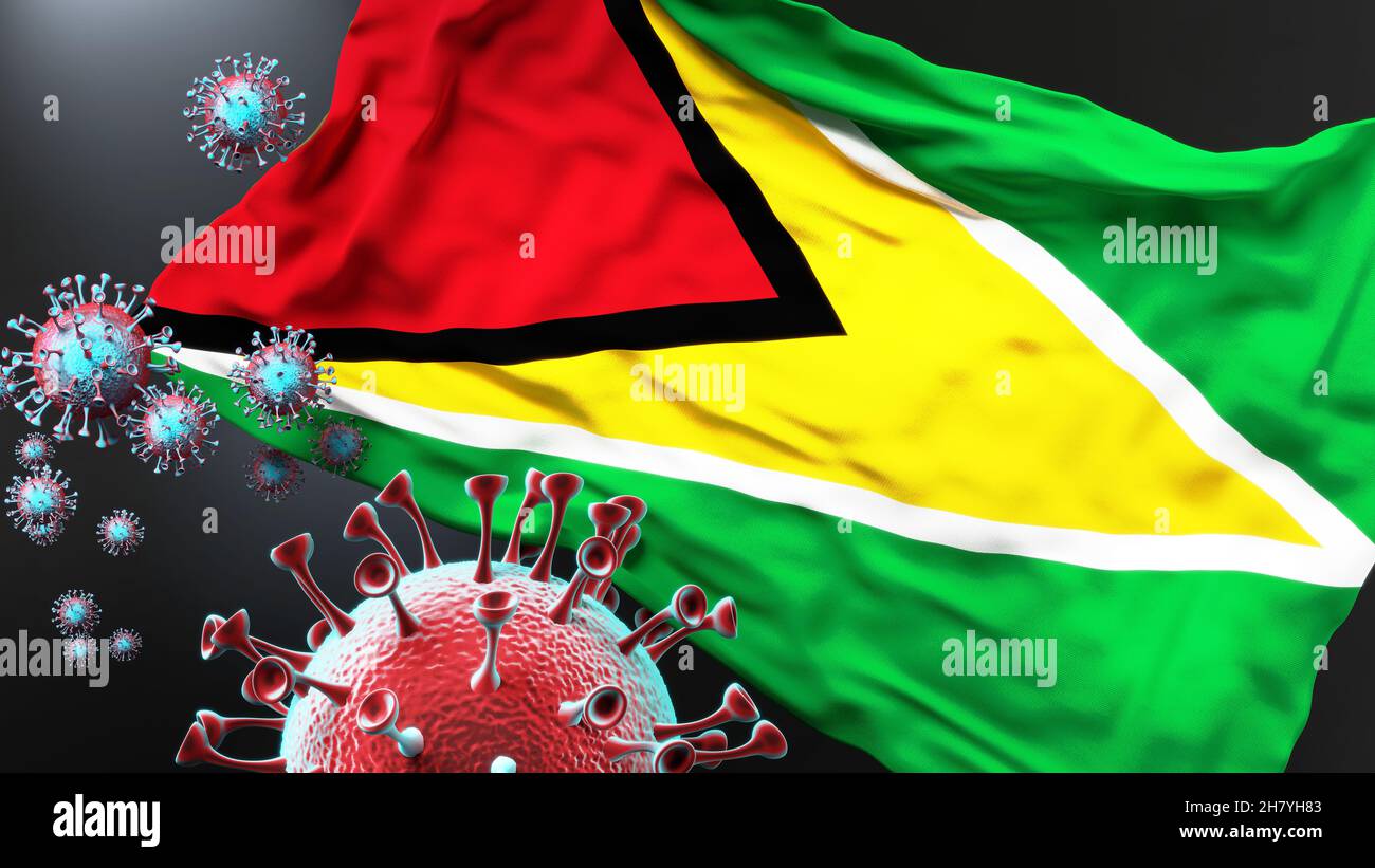 Guyana und die kovidische Pandemie - Coronavirus greift die Nationalflagge Guyanas an, um den Kampf, den Kampf und die Viruspräsenz in diesem Land zu symbolisieren Stockfoto