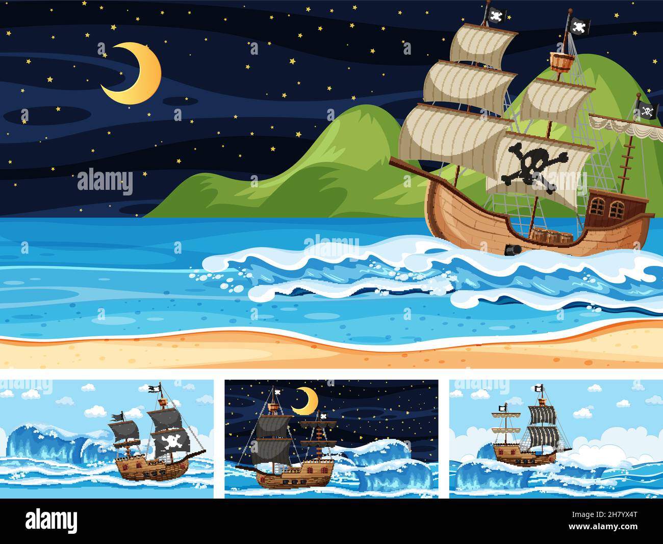 Set von Ozean mit Piratenschiff zu verschiedenen Zeiten Szenen In Cartoon-Stil Illustration Stock Vektor