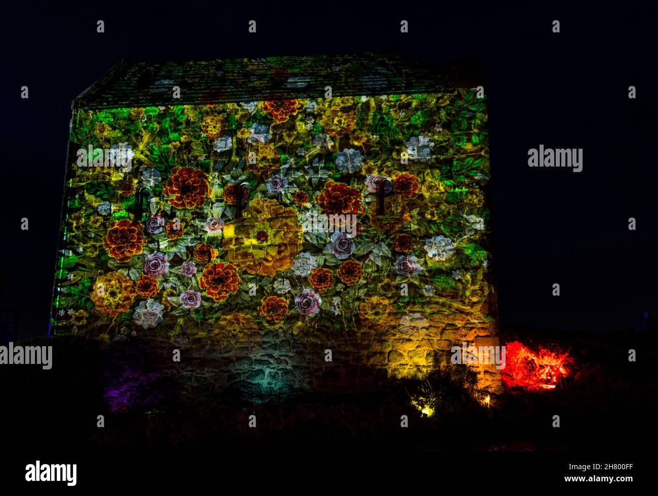 Castle of Light Bildprojektion von Blumen auf St. Margaret's Chapel Old Building, Edinburgh Castle, Schottland, Großbritannien Stockfoto