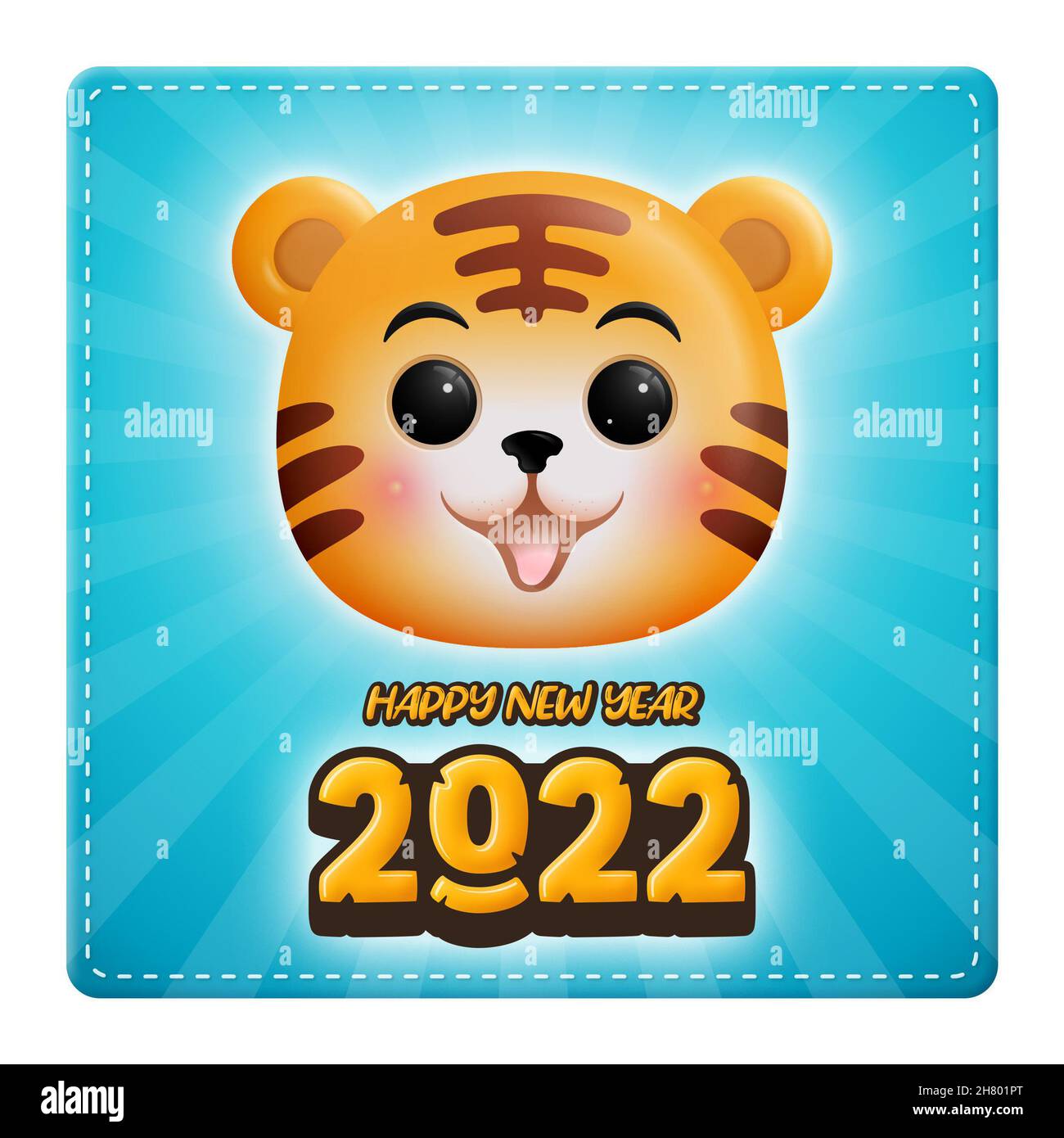 Glückliches neues Jahr 2022 Cartoon Clipart für Kinder, mit dem Kopf eines Baby-Tigers für das chinesische Neujahr des Tigers Stockfoto