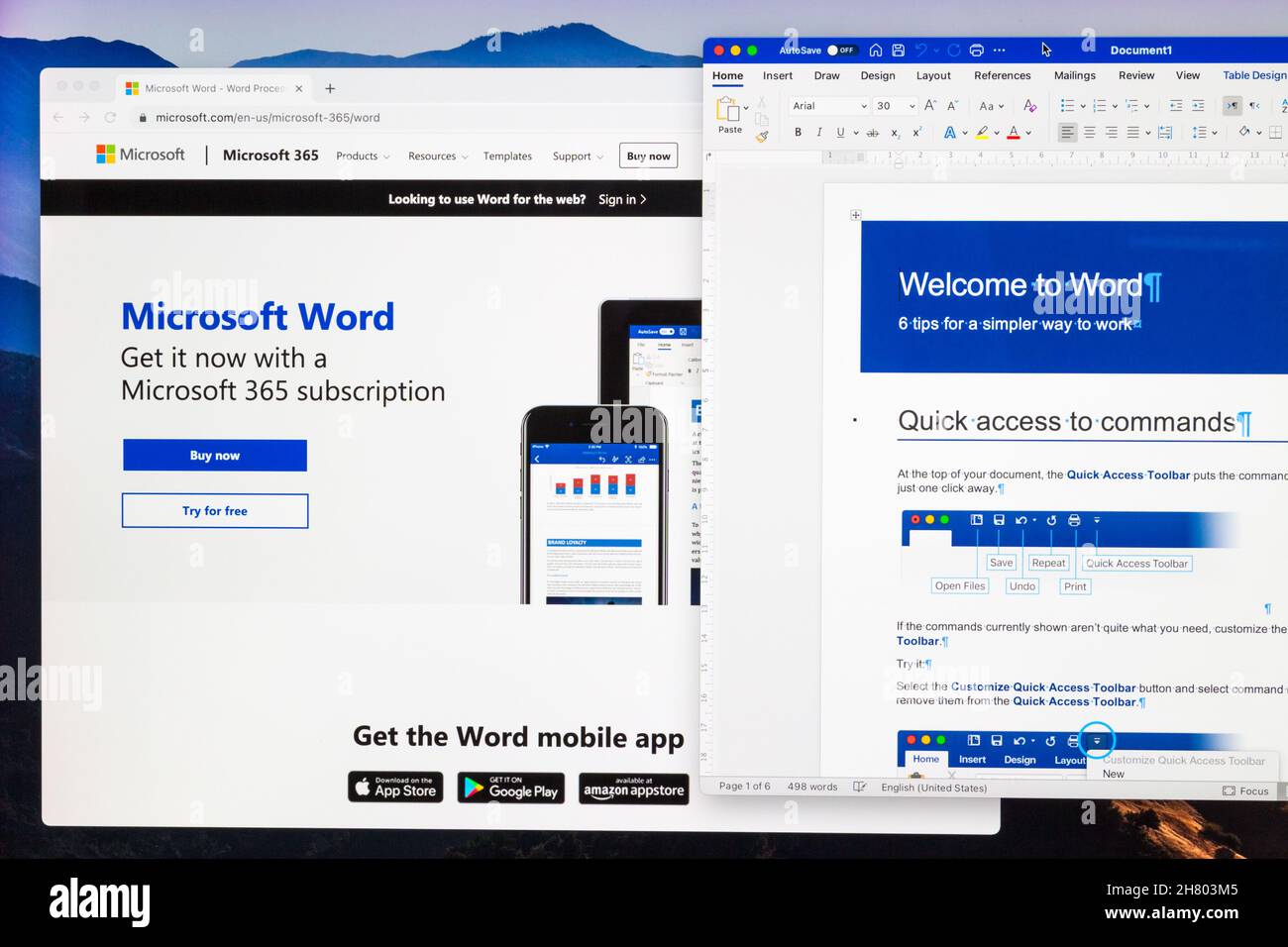 Microsoft Word-Startseite im Browser und Dokument geöffnet in Word-Software auf dem Computerbildschirm gesehen Stockfoto