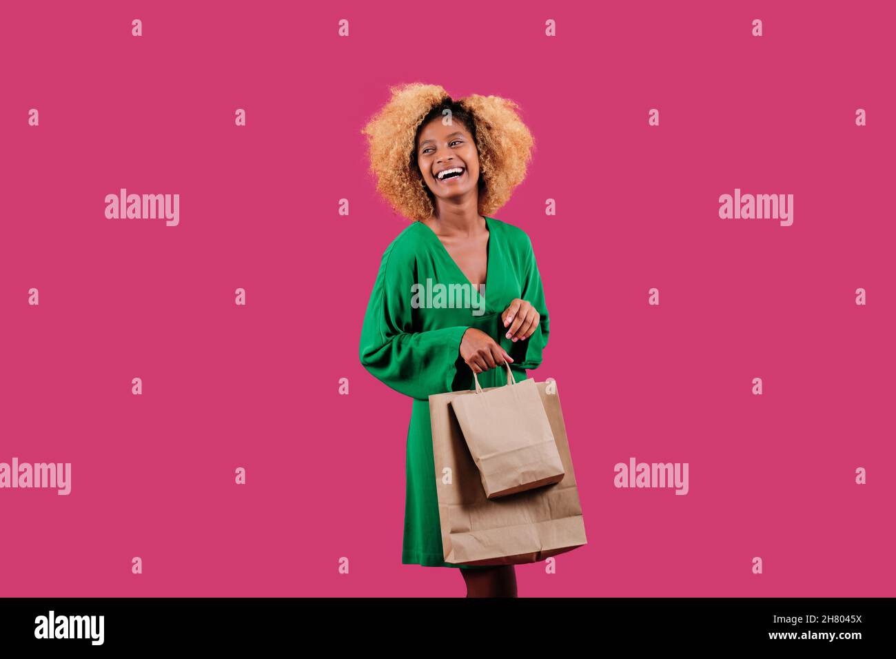 Junge glückliche weibliche Shopper hält Papier Einkaufstaschen. Black Friday – Verkaufssaison. Stockfoto