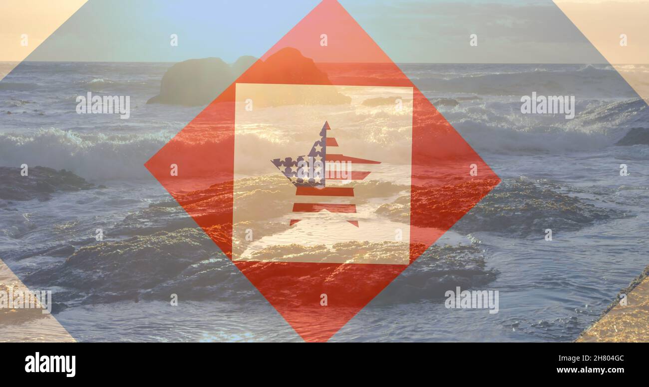 Bild von roten, weißen und blauen Quadraten und einem stern der amerikanischen Flagge über dem Ozean und dem blauen Himmel Stockfoto