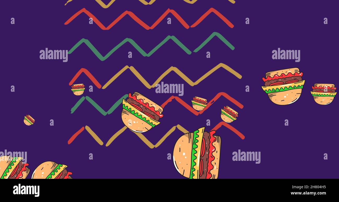 Bild von Hamburgern fallen mit Zickzack grünen, gelben und roten Linien auf dunkelviolettem Hintergrund Stockfoto
