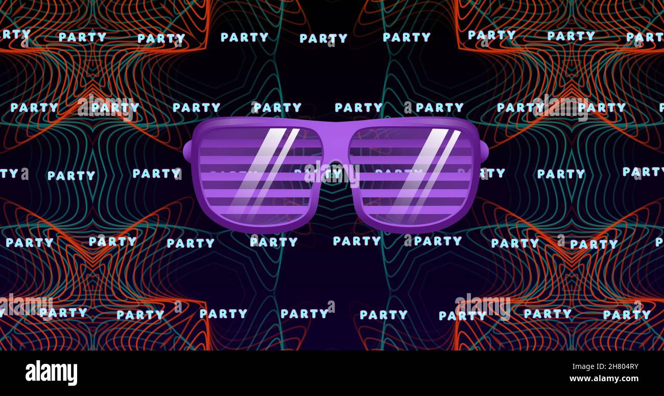 Bild von lila Party Sonnenbrille über Party Neon Text in Wiederholung über Muster Stockfoto
