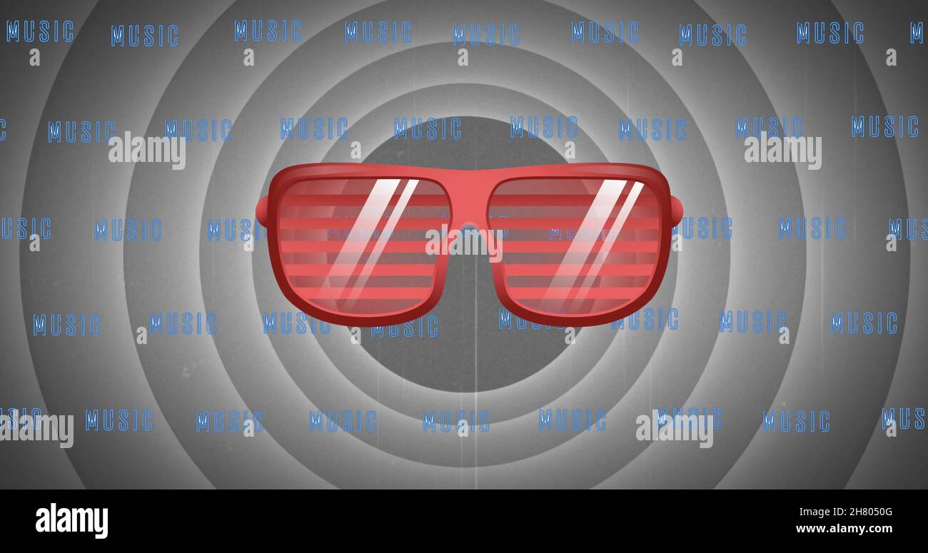 Bild von Party rote Sonnenbrille und Musik Text in Wiederholung über grauen Kreisen Stockfoto