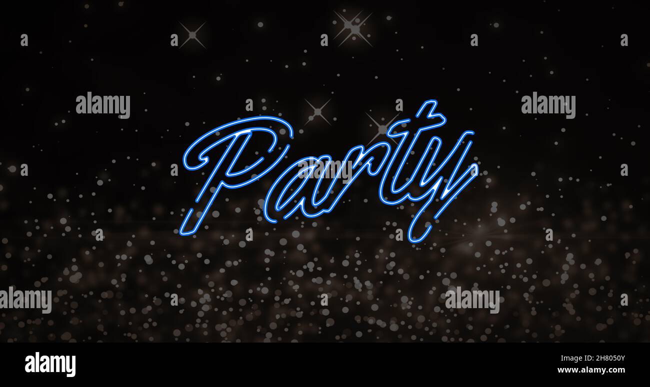 Bild von Partytext über Lichtpunkten und Sternen Stockfoto