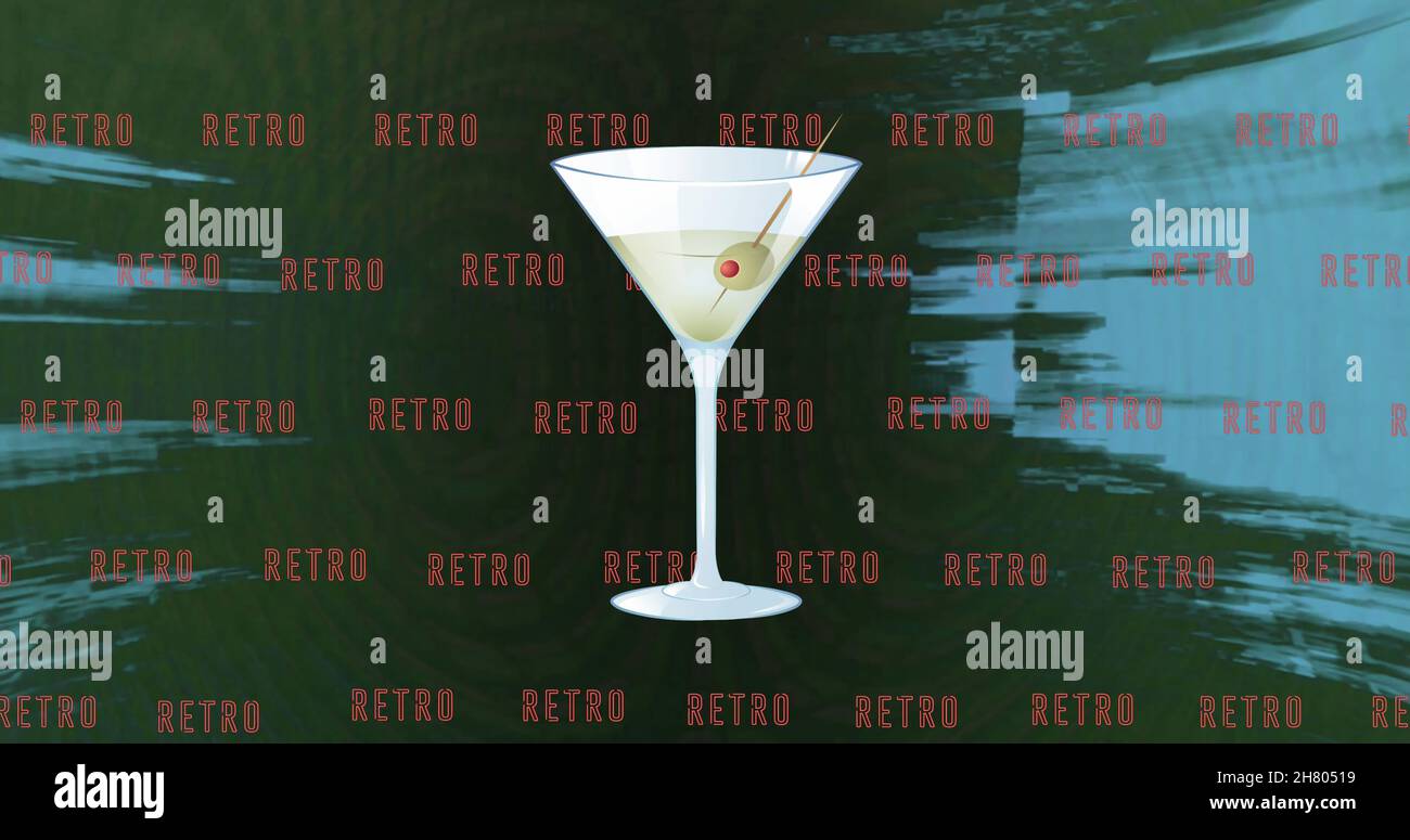 Bild von Retro-Text in Wiederholung und Cocktailglas auf blauem Hintergrund Stockfoto