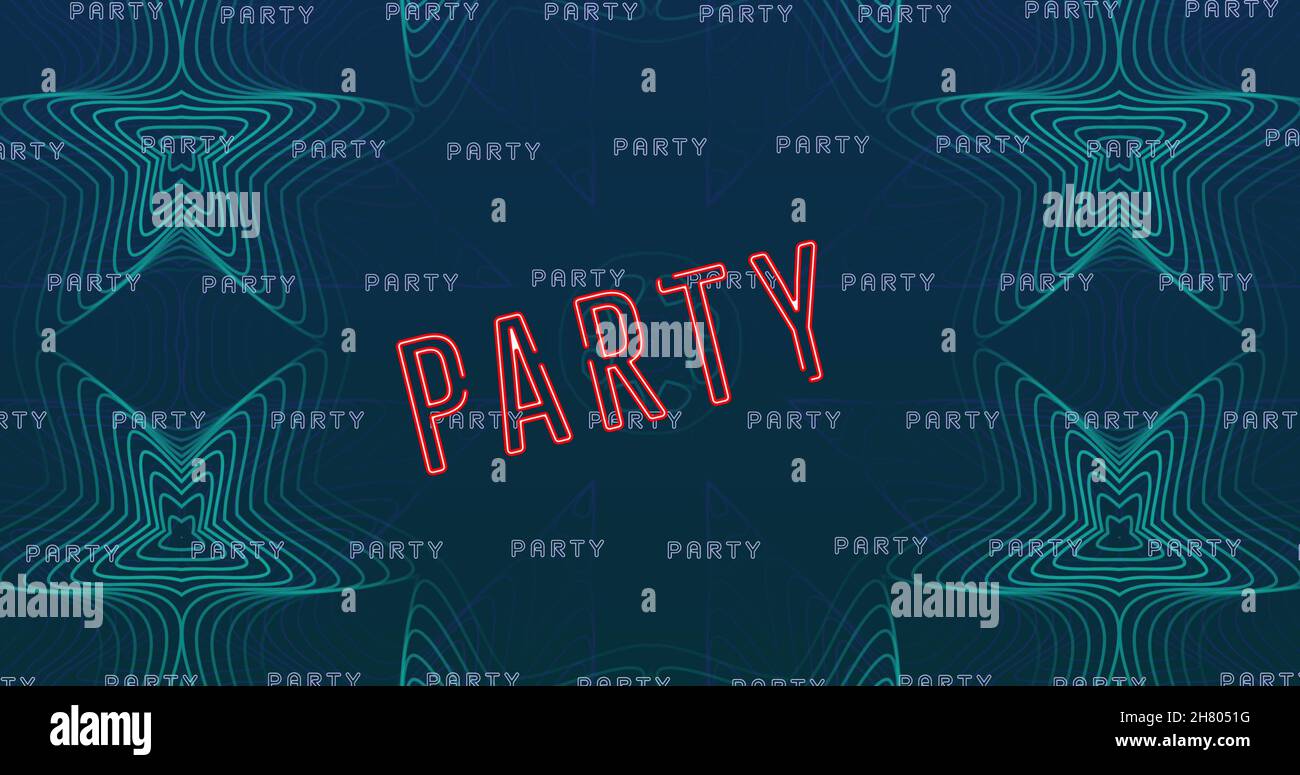 Bild von Party Neon Text in Wiederholung über blauem Muster Stockfoto