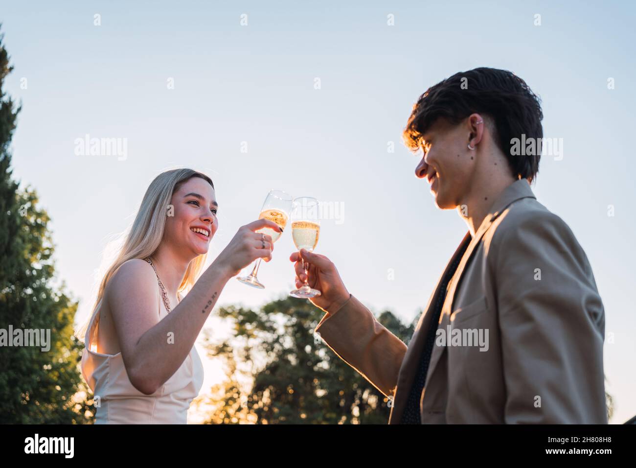 Entzückender junger Mann und Frau klirren Gläser mit alkoholischem Getränk, während sie ein romantisches Date im Park am sonnigen Tag haben Stockfoto