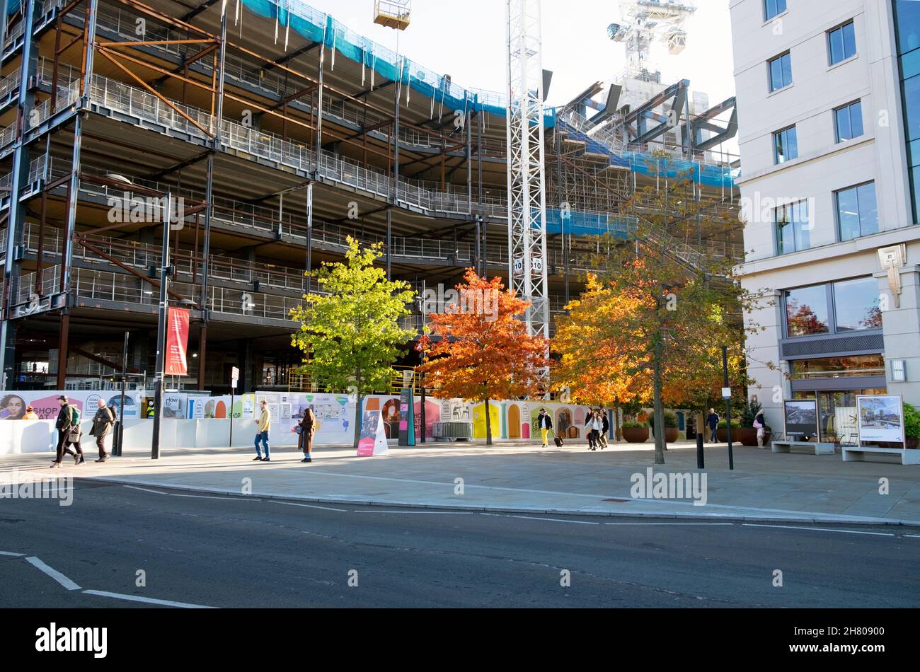 Landscraper Google-Gebäude im Bau am Kings Boulevard und bunte Blätter auf Herbstbäumen 2021 in London England Großbritannien KATHY DEWITT Stockfoto