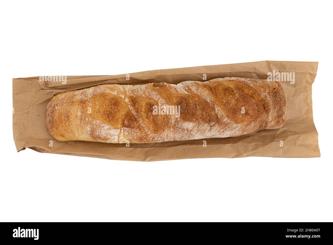 Frisch gebackenes leckeres Brot, Vollkornbaguette auf Papiertüte isoliert auf weißem Hintergrund, gesunder Lebensstil, glutenfreies Brot bei Lieferung Stockfoto