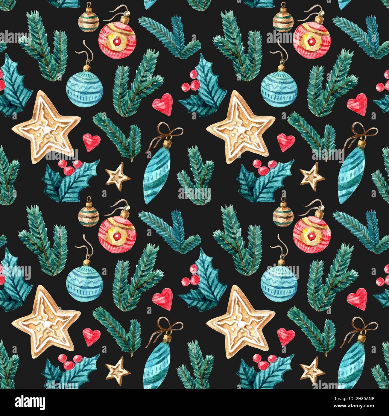 Weihnachten Aquarell nahtlose Muster mit Brunches, Herzen, Cukies, Sterne, Mistel, Dekorationen. Aquarell isoliert Winter Illustration - Stock Stockfoto